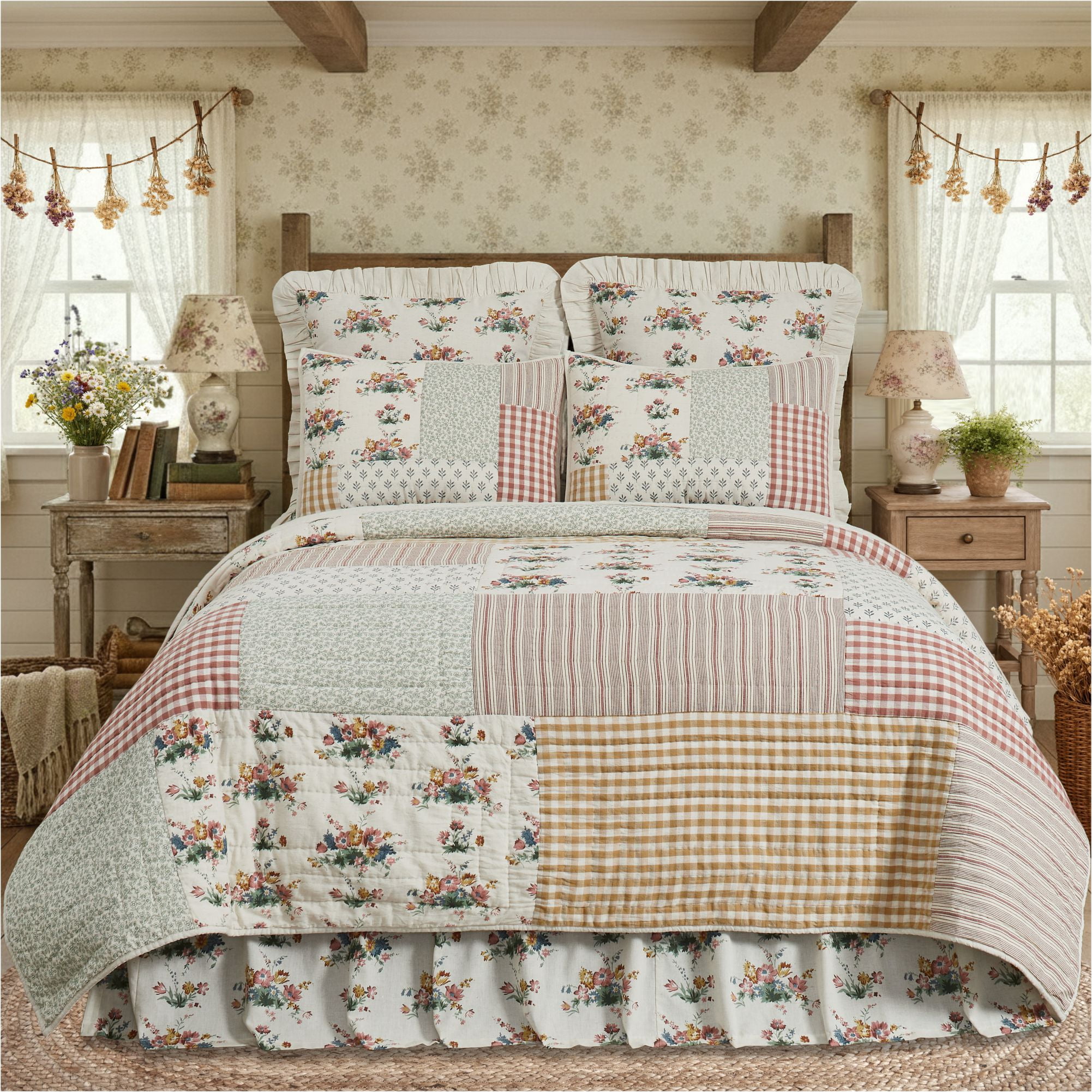 VHC Brands Rosehill Cottage Floral Gingham Patch Cotton Queen Quilt - 90x90 Dusty Rose & Natural Vintage Patchwork Bedding