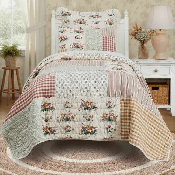 VHC Brands Rosehill Cottage Floral Gingham Patch Cotton Twin Quilt Set - 3 Piece Dusty Rose & Natural Vintage Patchwork Bedding