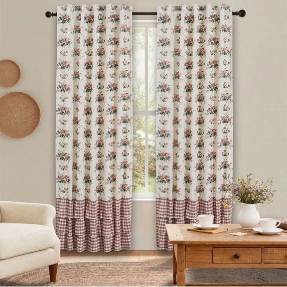 VHC Brands Rosehill Cottage Floral & Gingham Ruffled Cotton Curtain Panel Set - 40x84 Dusty Rose & Natural Window Drapes