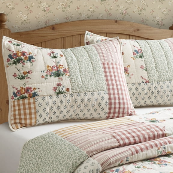VHC Brands Rosehill Cottage Floral Patch Cotton Standard Sham - 20x26 Dusty Rose & Natural Vintage Patchwork Pillow Cover