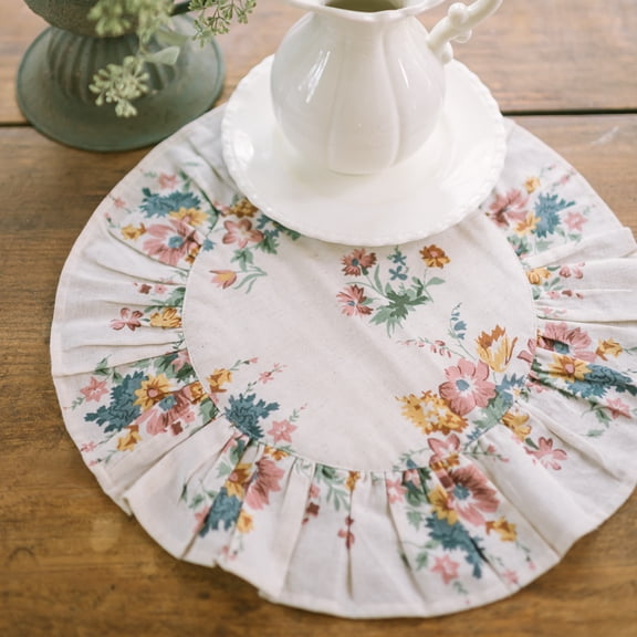 VHC Brands Rosehill Cottage Floral Round Ruffled Cotton Placemats - Set of 6 - 15 inch Dusty Rose & Natural Table Mats