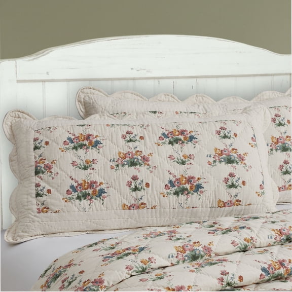 VHC Brands Rosehill Cottage Floral Scalloped Cotton King Sham - 20x38 Dusty Rose & Natural Vintage Farmhouse Quilted Pillow Cover