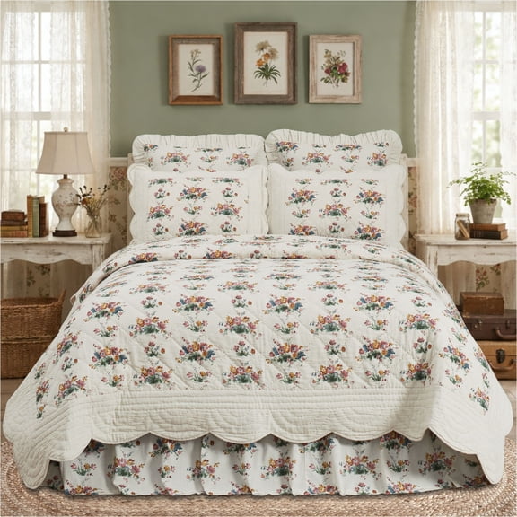 VHC Brands Rosehill Cottage Floral Scalloped Cotton Luxury King Quilt - 120x105 Dusty Rose & Natural Vintage Botanical Bedding