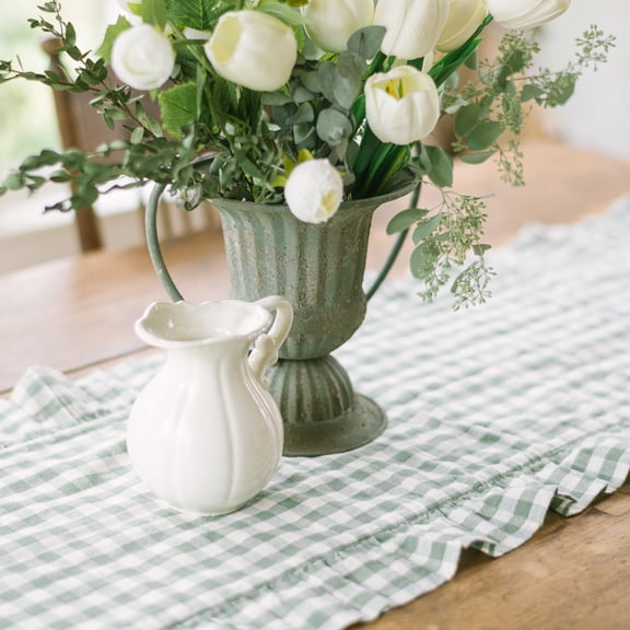 VHC Brands Rosehill Cottage Green Gingham Ruffled Cotton Table Runner - 12x72 Green & Natural Oval Runner