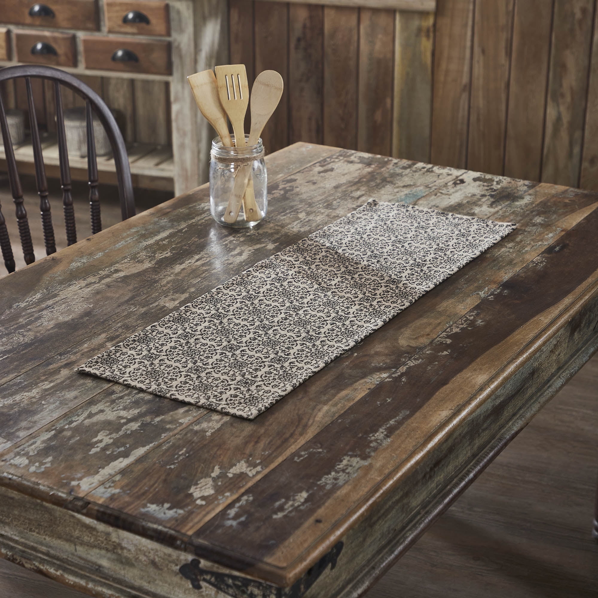 Natural Black Cotton Blend Medallion Table Runner, 12x36 inches