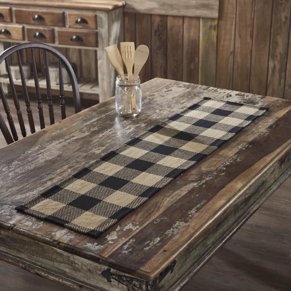 VHC Brands Runner 12x48, Cotton Dining Room, Kitchen Table Runner, Country Farmhouse Style, Black Check Collection, Rectangle 12x48, Country Black