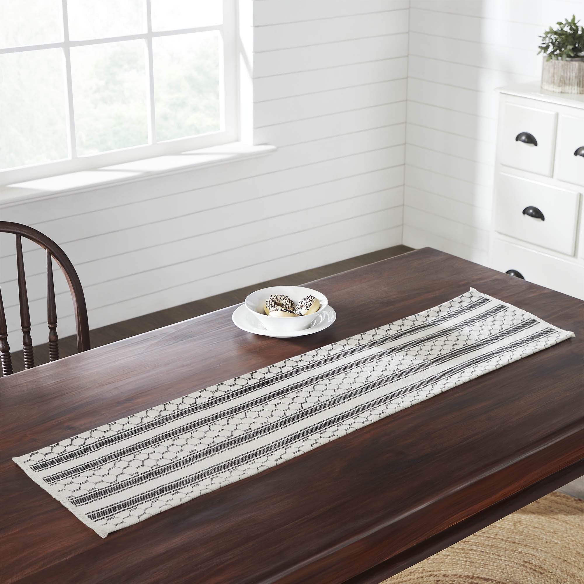 Soft White and Gray Cotton Country Farmhouse Table Runner