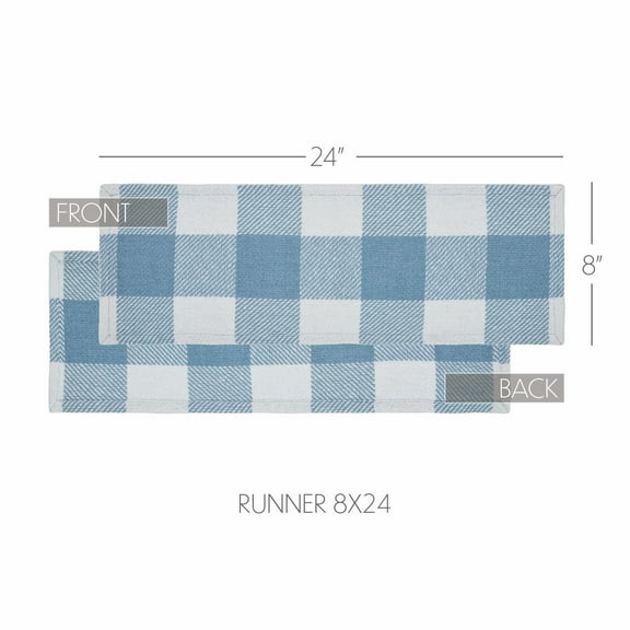 VHC Brands Runner 8x24, Cotton Dining Room, Kitchen Table Runner, Country Farmhouse Style, Annie Buffalo Check, Dusk Blue