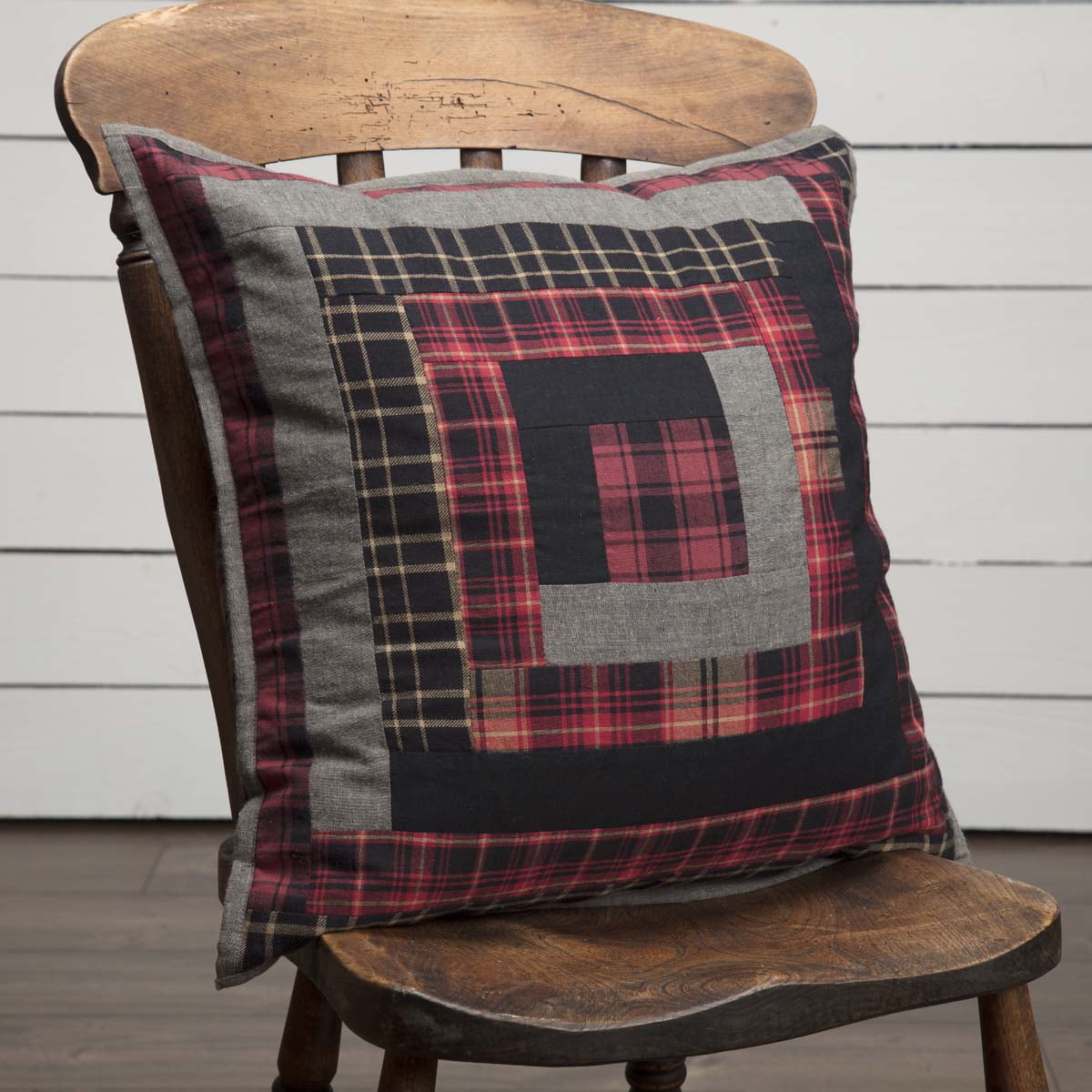 Cumberland Patchwork 18" Square Cotton Pillow in Red and Black
