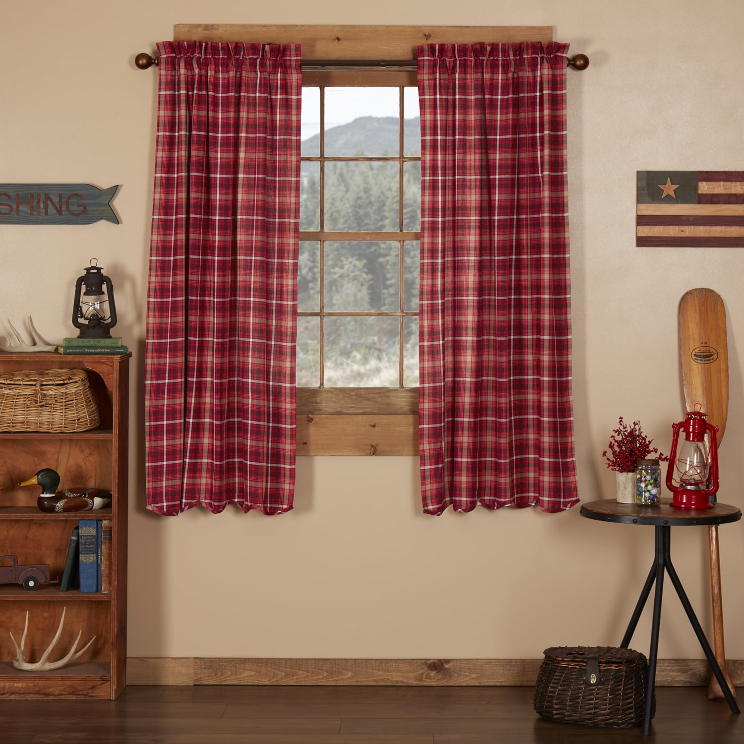 Rustic Red Cotton Plaid Scalloped Window Panels, 63" x 36"