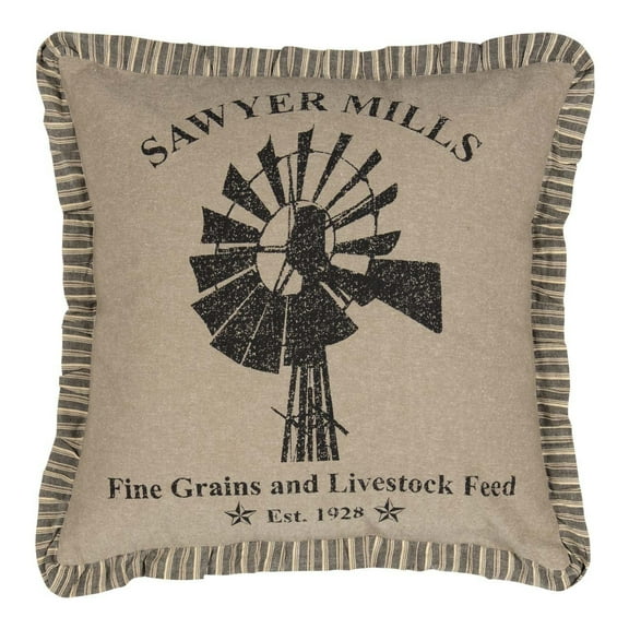 VHC Brands Sawyer Mill 18x18" Square Accent Throw Pillow, Windmill, Charcoal
