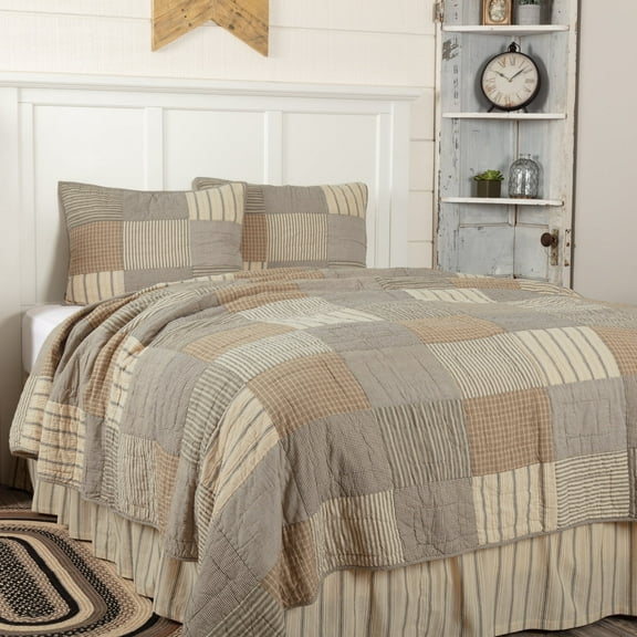 VHC Brands Sawyer Mill 3 Piece Grey Tan Khaki Quilted Set, California King