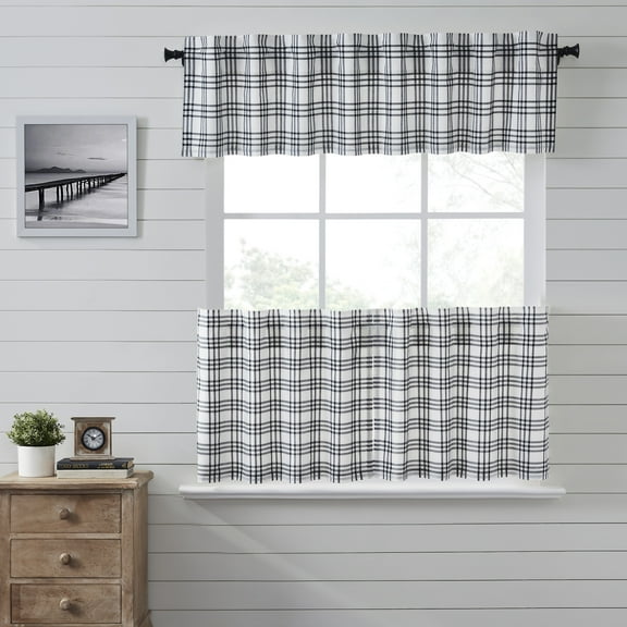 VHC Brands Sawyer Mill Black 3 PC Plaid Curtain Set (1 Valance 16x72 and 2 Tier 24x36)