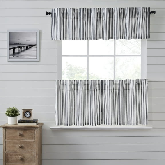 VHC Brands Sawyer Mill Black 3 PC Ticking Stripe Curtain Set (1 Valance 16x72 and 2 Tier 24x36)