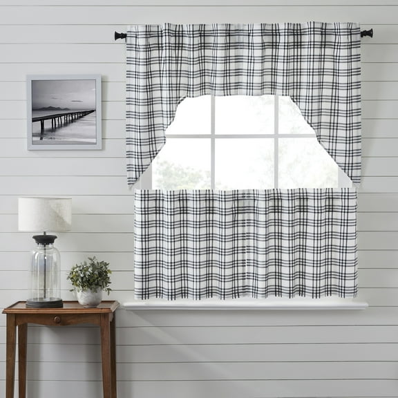 VHC Brands Sawyer Mill Black 4 PC Plaid Curtain Set (2 Swag 36x16 and 2 Tier 24x36)