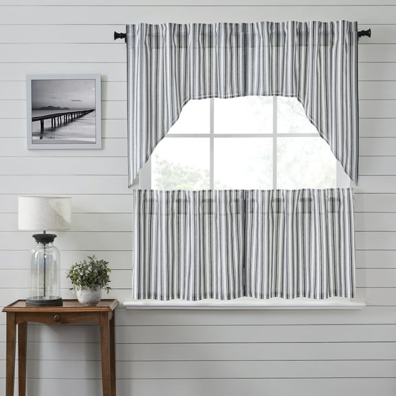 VHC Brands Sawyer Mill Black 4 PC Ticking Stripe Curtain Set (2 Swag 36x16 and 2 Tier 24x36)