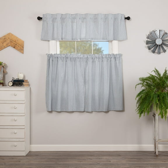 VHC Brands Sawyer Mill Blue 3 PC Ticking Stripe Curtain Set (1 Valance 16x72 and 2 Tier 36x36)