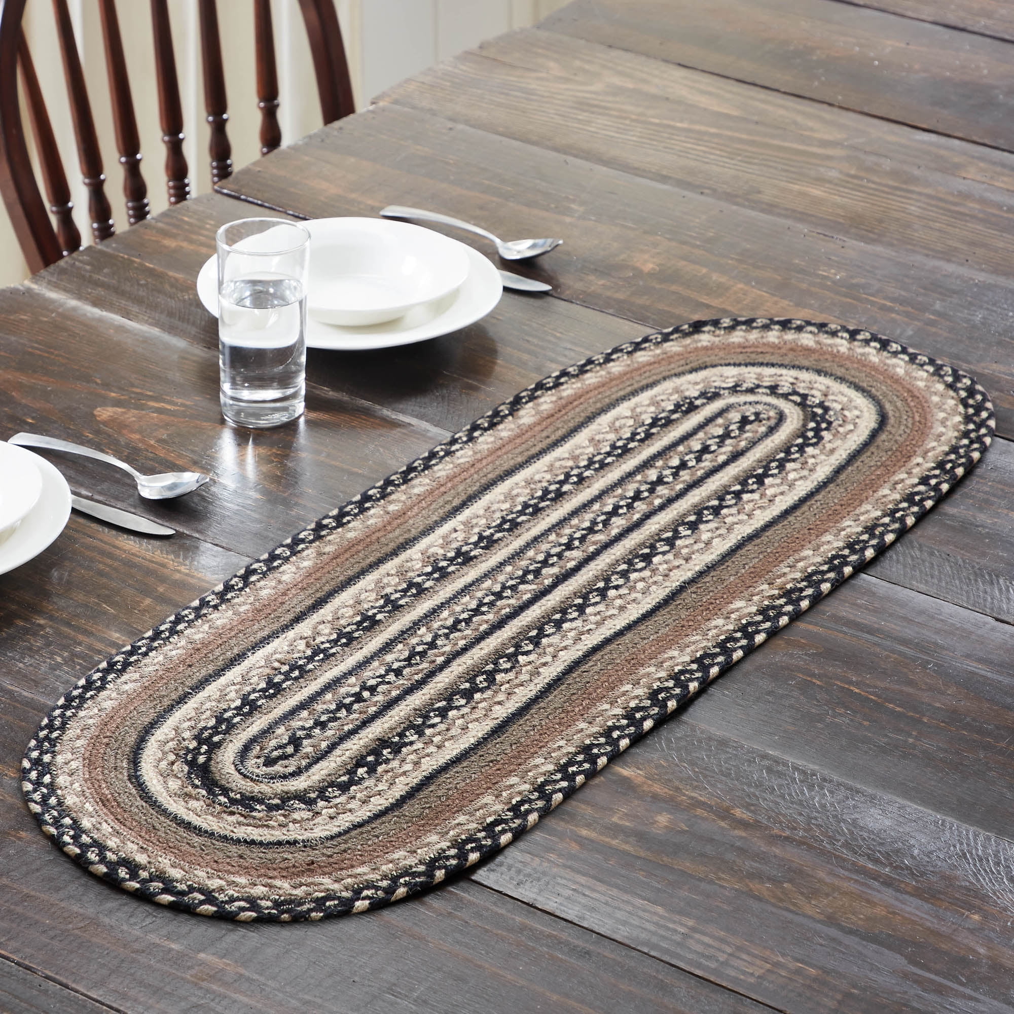 VHC Brands Sawyer Mill, Braided Jute Table Runner, Oval, Charcoal Creme