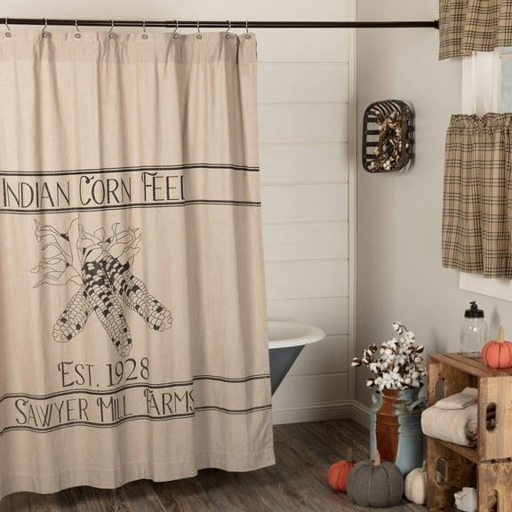 VHC Brands Sawyer Mill Charcoal,100% Cotton, Lined Shower Curtain- Indian Cord Feed Est 1928, 72x72