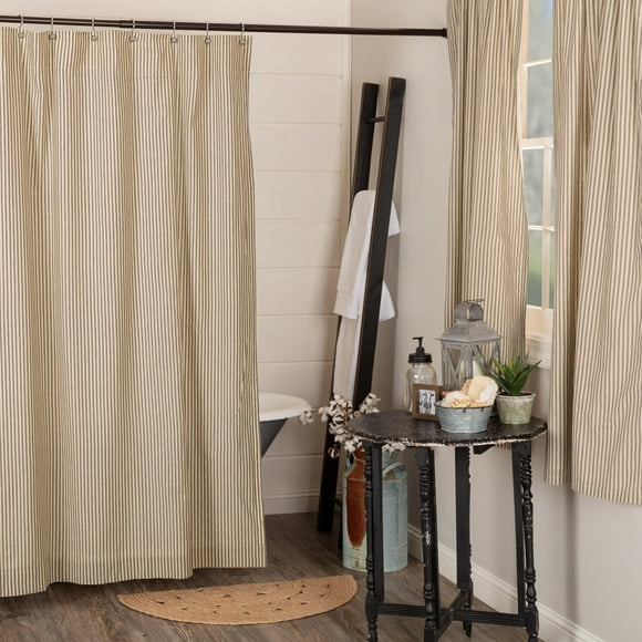 VHC Brands Sawyer Mill Charcoal Decorative Farmhouse Ticking Stripe Shower Curtain with Buttonholes 72x72