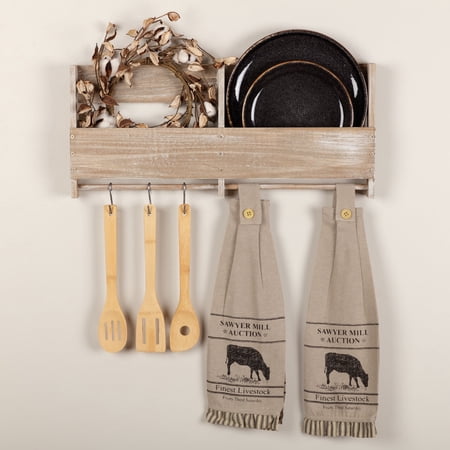 VHC Brands Sawyer Mill Cow Nature Print Chambray Cotton Farmhouse Tabletop Kitchen Fabric Loop Stenciled Runner, Towel Set 6.5x18, Khaki Tan