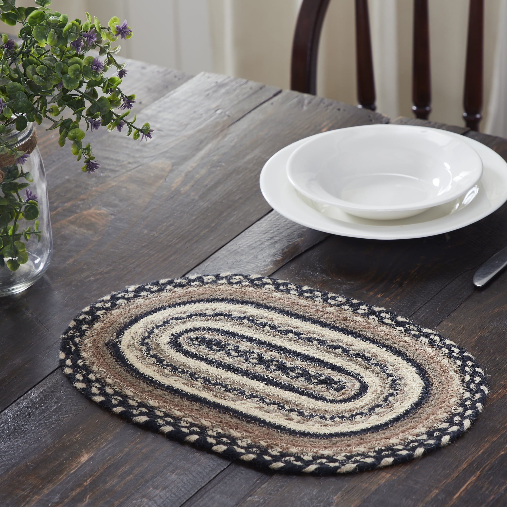 Charcoal Creme Braided Jute Oval Dining Table Placemat