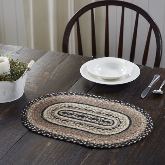 VHC Brands Sawyer Mill, Dining Table Placemat, Braided Jute, Oval, Charcoal Creme, 12x19
