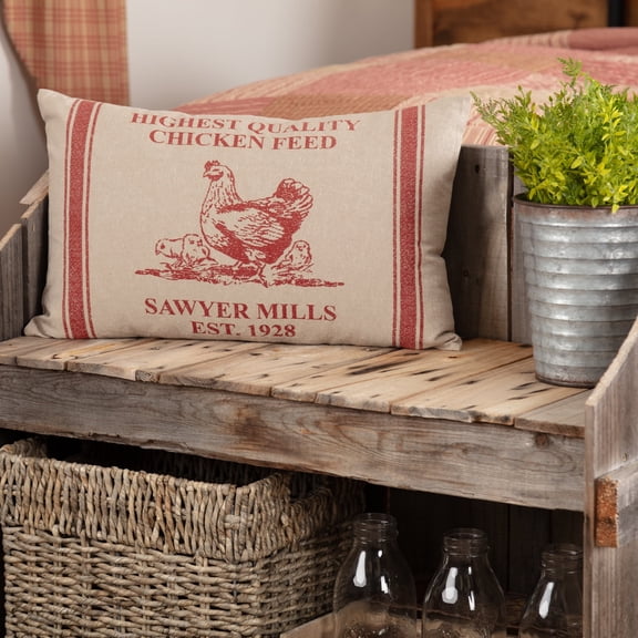 VHC Brands Sawyer Mill Hen and Chicks Pillow 14x22 Bedding Accessory, Chicken Feed, Country Red