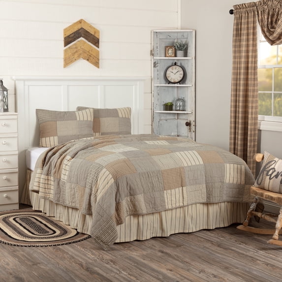 VHC Brands Sawyer Mill Patchwork Chambray Cotton Farmhouse Bedding Pre-Washed Square Sham Queen Quilt Set, Twin, Charcoal Grey