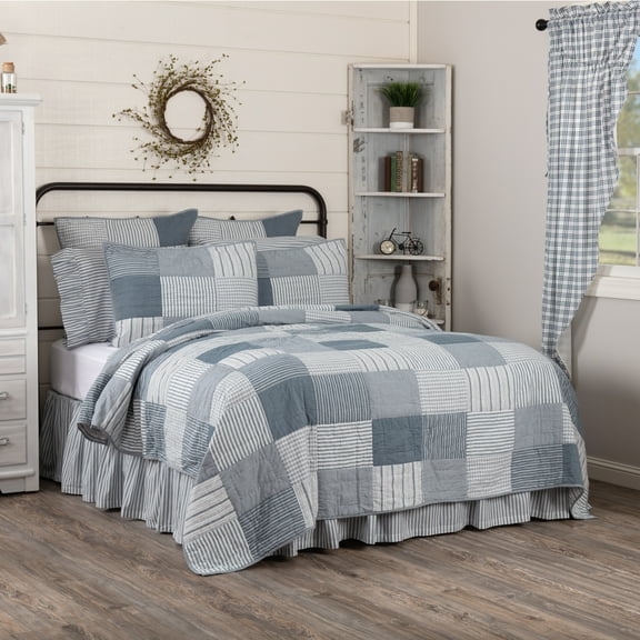 VHC Brands Sawyer Mill Patchwork Chambray Cotton Farmhouse Bedding Pre-Washed Twin Bedspread Coverlet, Quilt 68x86, Blue Denim