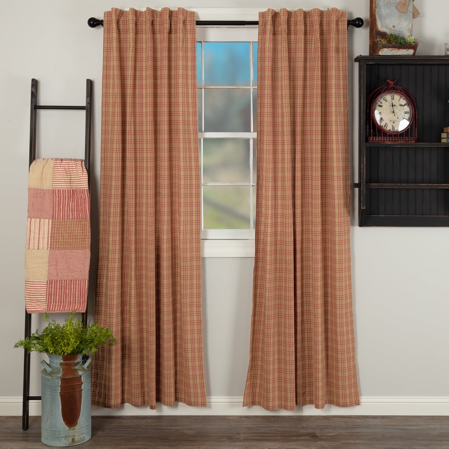 Country Red and Tan Plaid Cotton Light-Filtering Curtains