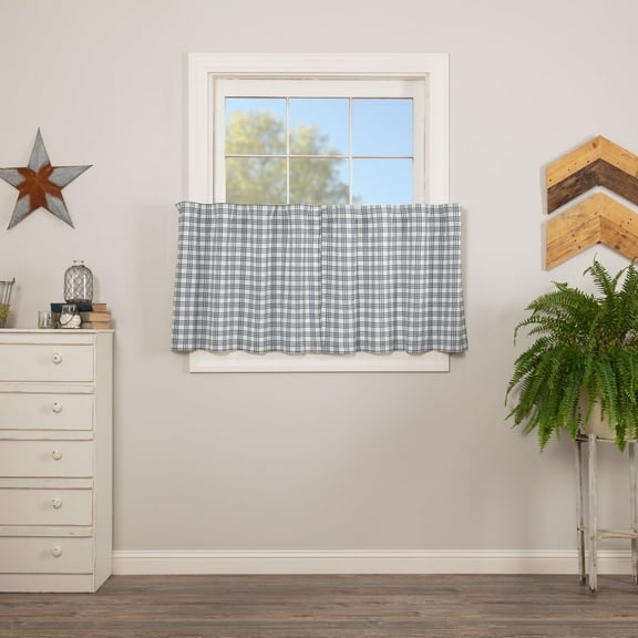 VHC Brands Sawyer Mill Plaid Cotton Farmhouse Kitchen Curtains Rod Pocket Hanging Loops 24x36 Tier Pair, Blue