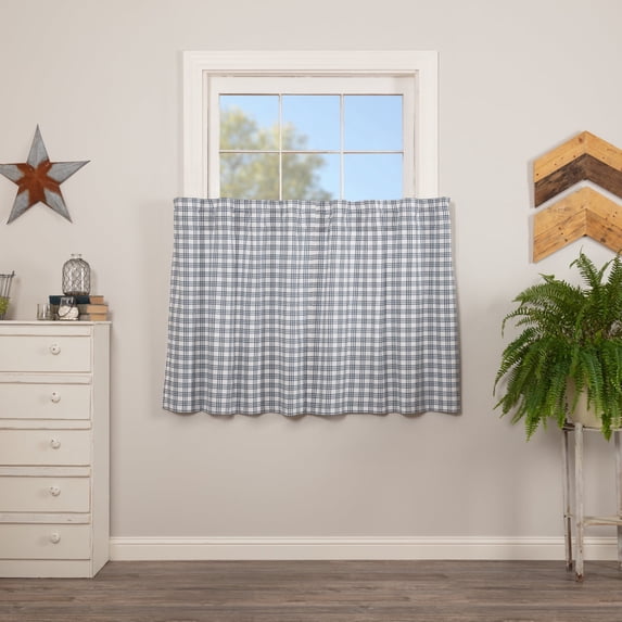 VHC Brands Sawyer Mill Plaid Cotton Farmhouse Kitchen Curtains Rod Pocket Hanging Loops 36x36 Tier Pair, Blue