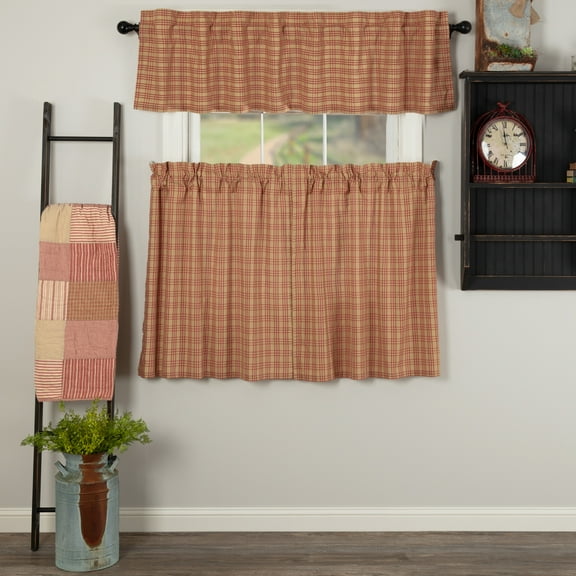 VHC Brands Sawyer Mill Red 3 PC Plaid Curtain Set (1 Valance 16x72 and 2 Tier 36x36)