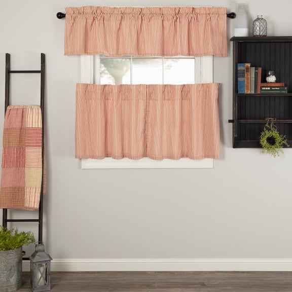 VHC Brands Sawyer Mill Red 3 PC Ticking Stripe Curtain Set (1 Valance 16x72 and 2 Tier 24x36)