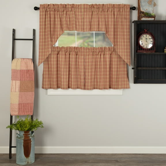 VHC Brands Sawyer Mill Red 4 PC Plaid Curtain Set (2 Swag 36x16 and 2 Tier 24x36)
