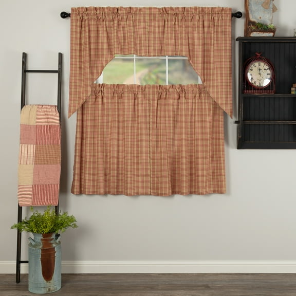 VHC Brands Sawyer Mill Red 4 PC Plaid Curtain Set (2 Swag 36x16 and 2 Tier 36x36)