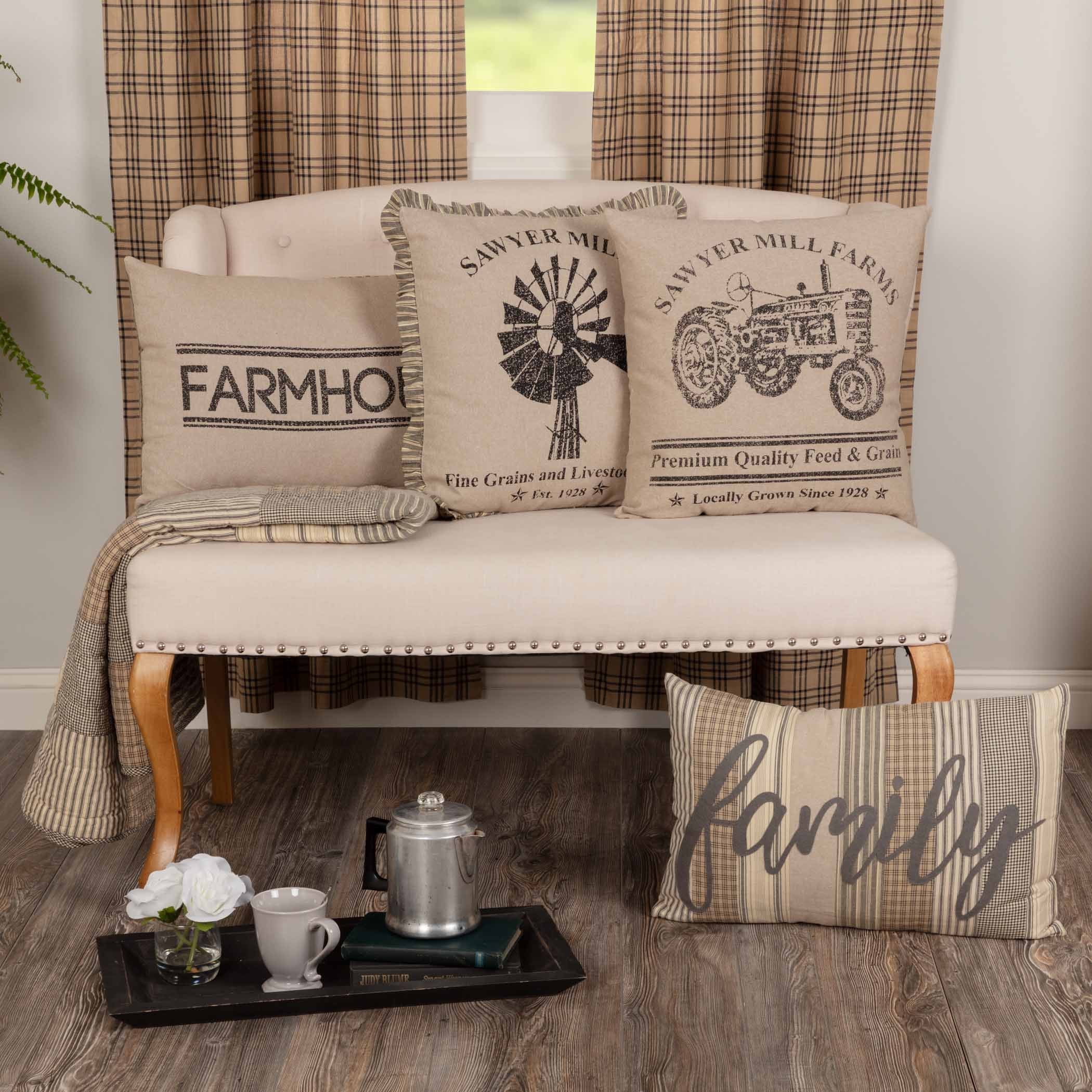 Sawyer Mill Charcoal Family Appliqued Cotton Pillow 22x14