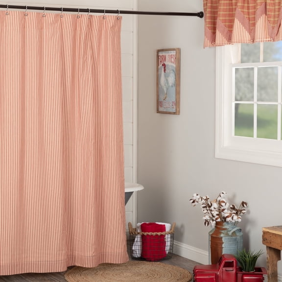 VHC Brands Sawyer Mill Red Decorative Farmhouse Ticking Stripe Shower Curtain with Buttonholes 72x72