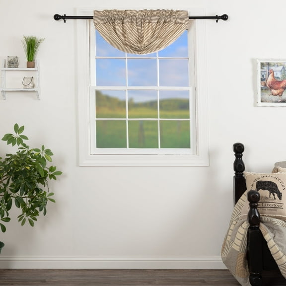 VHC Brands Sawyer Mill Ticking Striped Cotton Farmhouse Kitchen Curtains Rod Pocket Balloon Valance, Charcoal