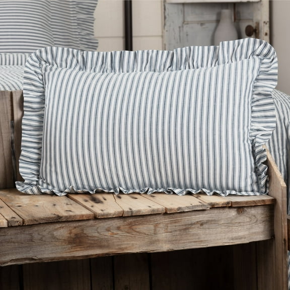 VHC Brands Sawyer Mill Ticking Striped Cotton Farmhouse Pillow 22x14 Filled Bedding Accessory, 14x22, Blue Denim