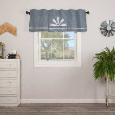 VHC Brands Sawyer Mill Windmill Graphic/Print Chambray Cotton Farmhouse Kitchen Rod Pocket Hanging Loops Stenciled 20x60 Curtain, Valance, Denim Blue