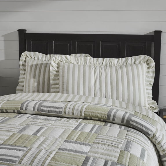 VHC Brands Farmhouse Bedding Finders Keepers White Tan Striped Pillow Cover Ruffled King Sham 21x37