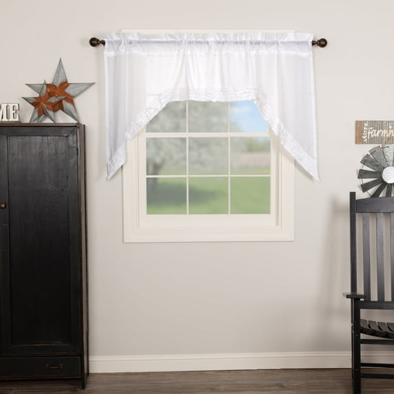 VHC Brands Farmhouse Swag Pair White Rod Pocket Ruffling Kitchen Window Curtains