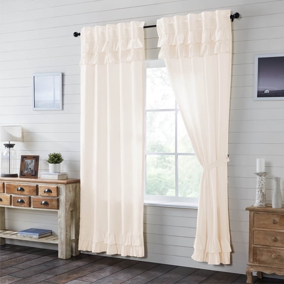 VHC Brands Simple Life Flax, Farmhouse Curtain Panels, Ruffled, Antique White, 96x40, Set of 2