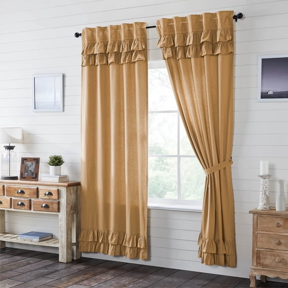 VHC Brands Simple Life Flax, Farmhouse Curtain Panels, Ruffled, Khaki, 96x40, Set of 2