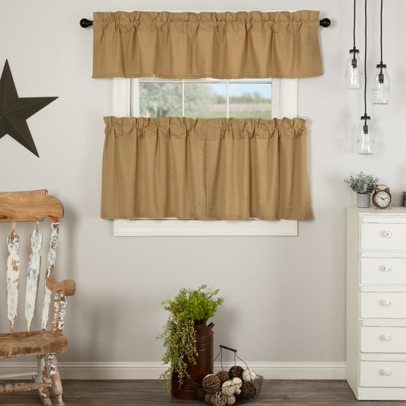 VHC Brands Simple Life Flax Khaki 3 PC Curtain Set (1 Valance 16x72 and 2 Tier 24x36)