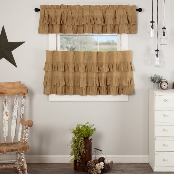VHC Brands Simple Life Flax Khaki 3 PC Ruffled Curtain Set (1 Valance 16x72 and 2 Tier 24x36)