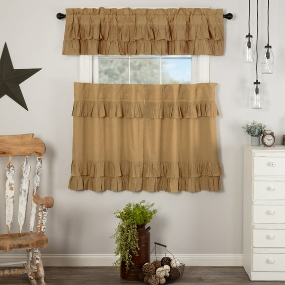 VHC Brands Simple Life Flax Khaki 3 PC Ruffled Curtain Set (1 Valance 16x72 and 2 Tier 36x36)