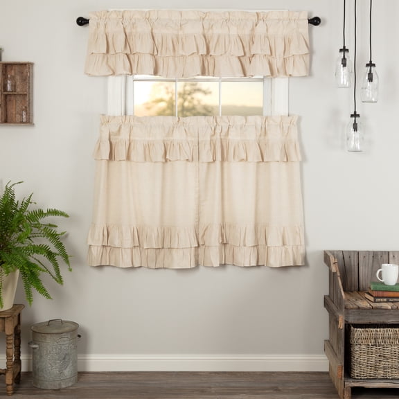 VHC Brands Simple Life Flax Natural 3 PC Ruffled Curtain Set (1 Valance 16x72 and 2 Tier 36x36)